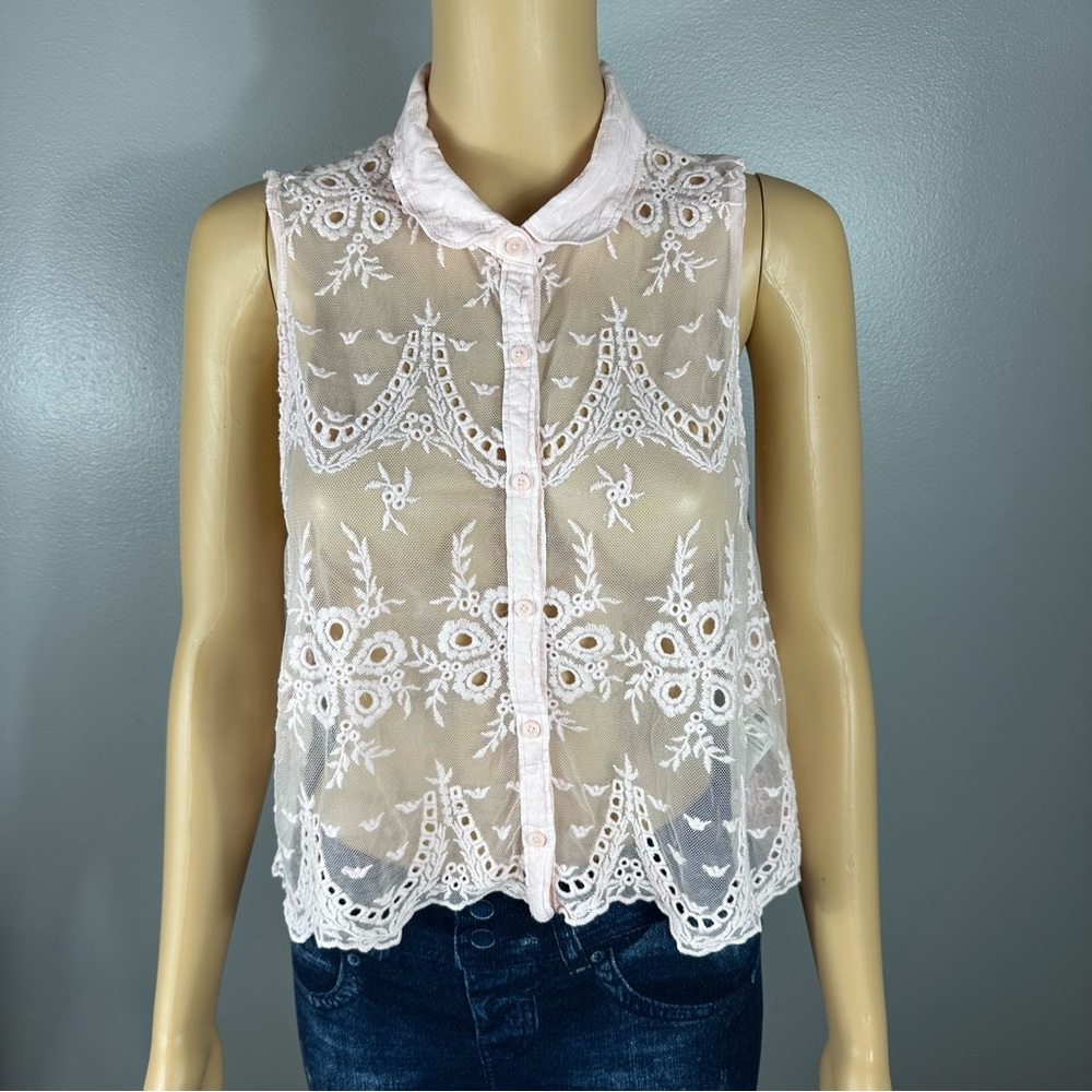 Abercrombie And Fiitch Pink Lace Eyelet Sheer Sleeveless Top Size Large